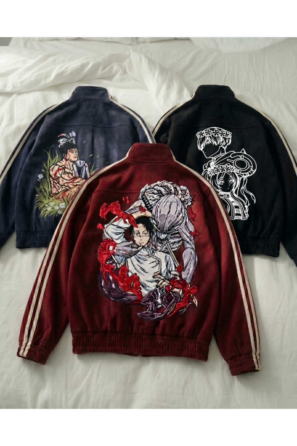 Jujutsu Kaisen Çift Çizgili Baskılı Oversize China Unisex Ceket