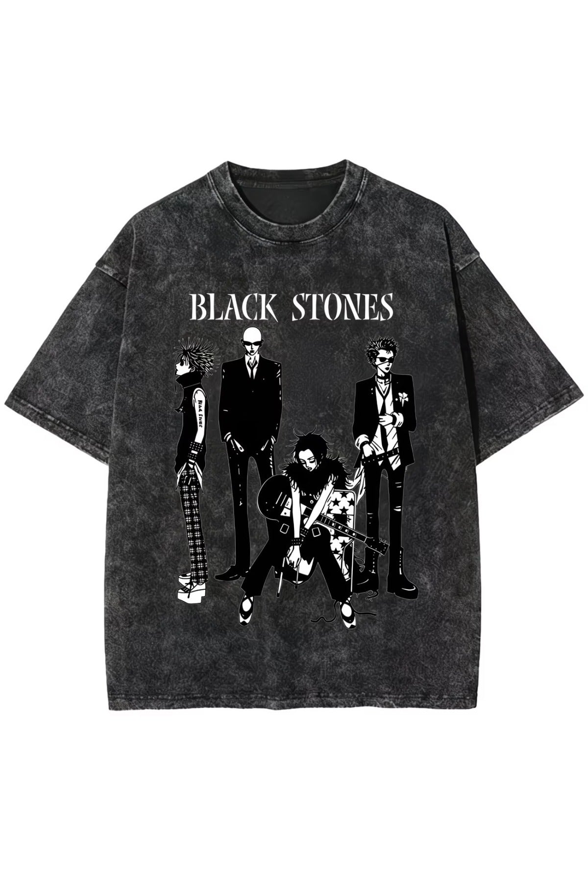 Anime Black Stones Baskılı Unisex Yıkamalı Vintage Oversize T-Shirt
