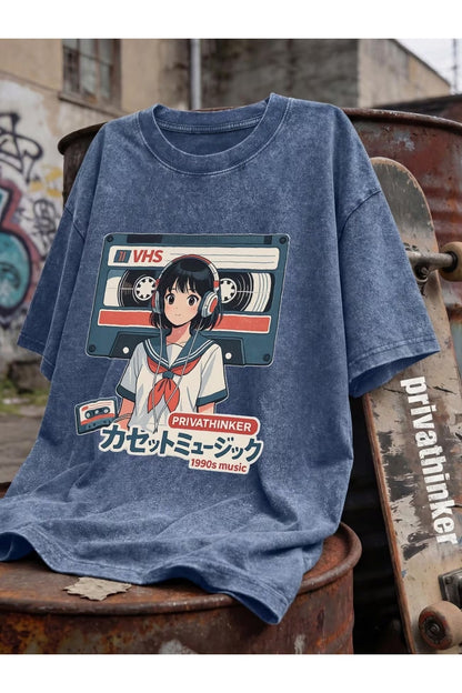 Retro Anime Girl VHS Unisex Yıkamalı Vintage Oversize T-shirt