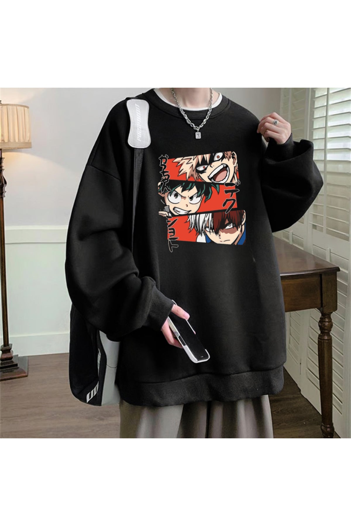 Anime Harajuku My Hero Academia Baskılı Siyah Unisex Oversize Bisiklet Yaka Sweatshirt