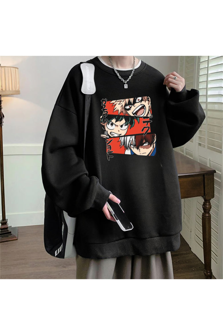 Anime Harajuku My Hero Academia Baskılı Siyah Unisex Oversize Bisiklet Yaka Sweatshirt
