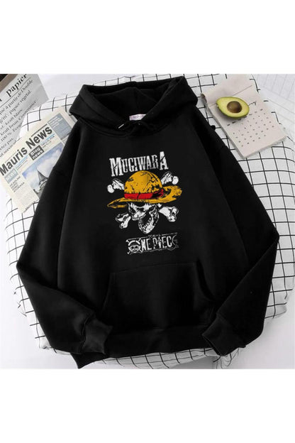 Küt Küt One Piece Mugiwara Baskılı Siyah Unisex Oversize Kapüşonlu Sweatshirt