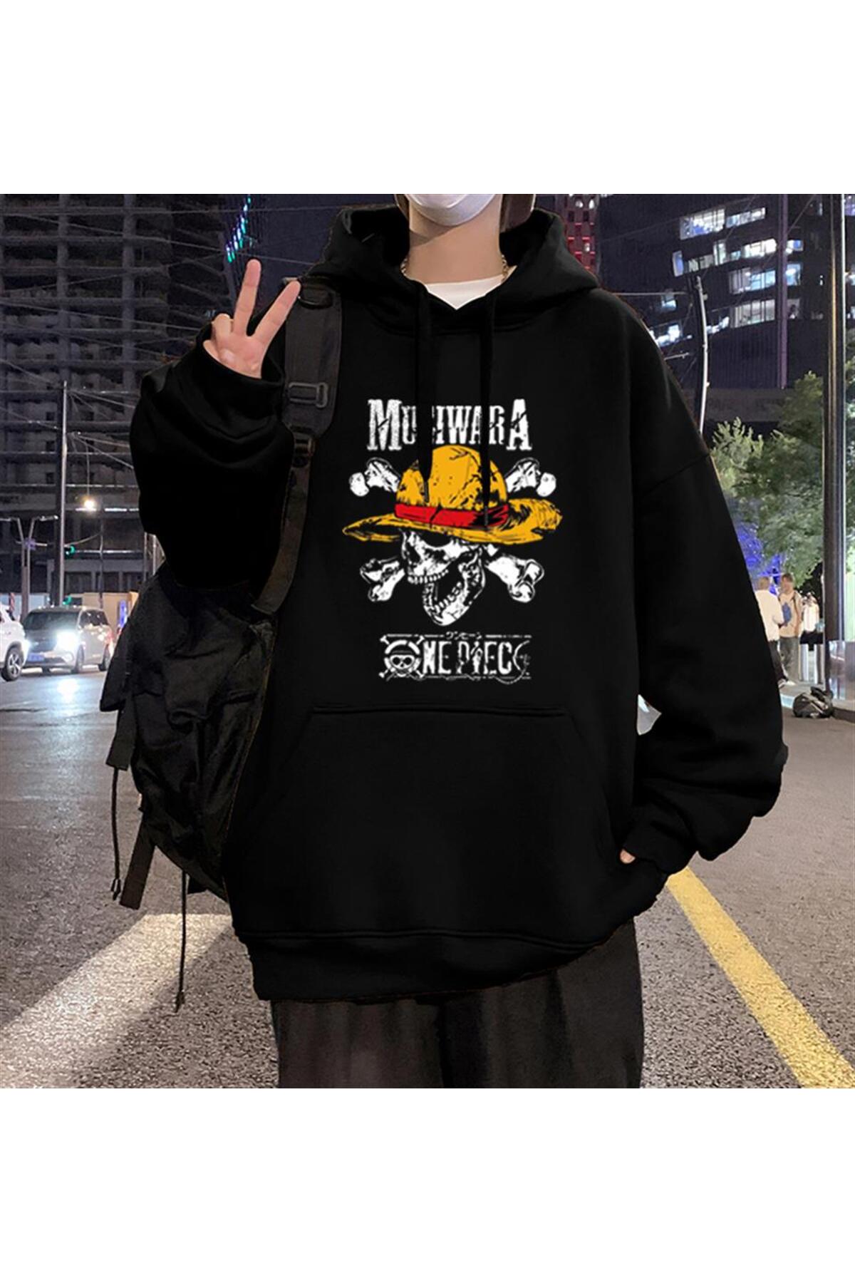 Küt Küt One Piece Mugiwara Baskılı Siyah Unisex Oversize Kapüşonlu Sweatshirt