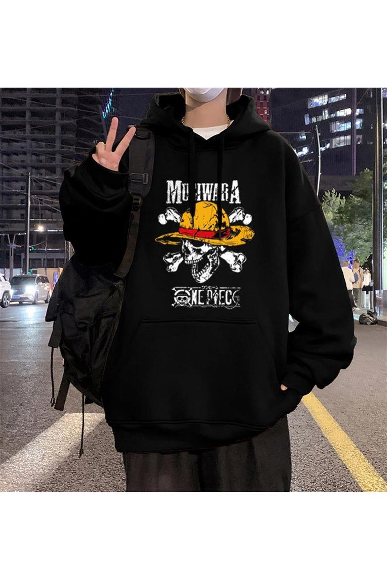 Küt Küt One Piece Mugiwara Baskılı Siyah Unisex Oversize Kapüşonlu Sweatshirt