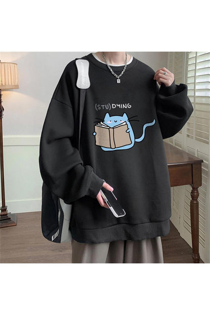 Anime Harajuku Totoro Baskılı Siyah Unisex Oversize Bisiklet Yaka Sweatshirt