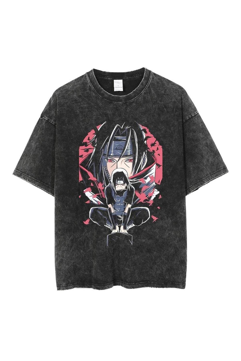 Yıkamalı Anime Naruto Itachi Baskılı Unisex Oversize Vintage T-shirt