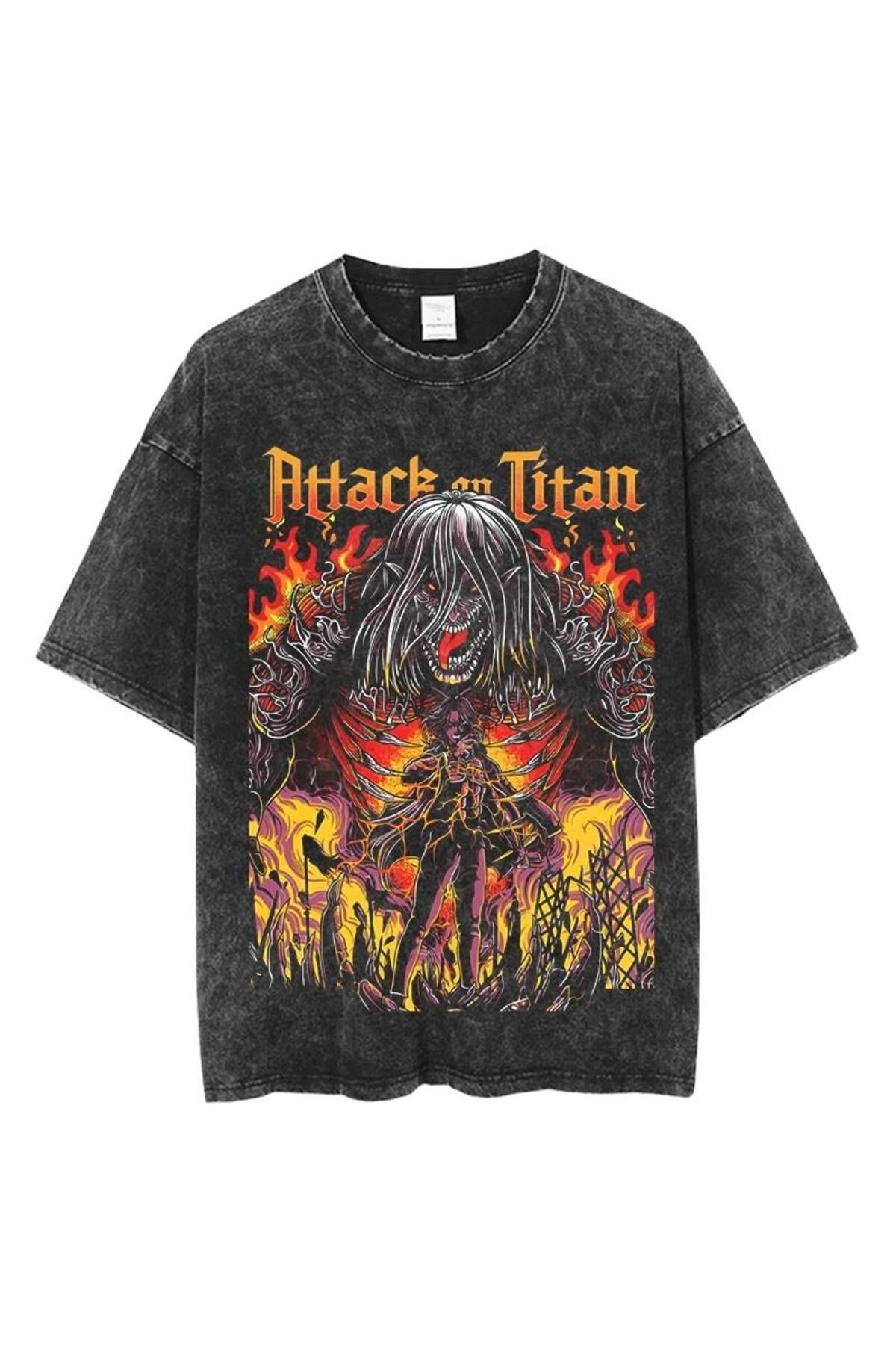 Yıkamalı Anime Attack on Titan Baskılı Unisex Oversize Vintage T-shirt