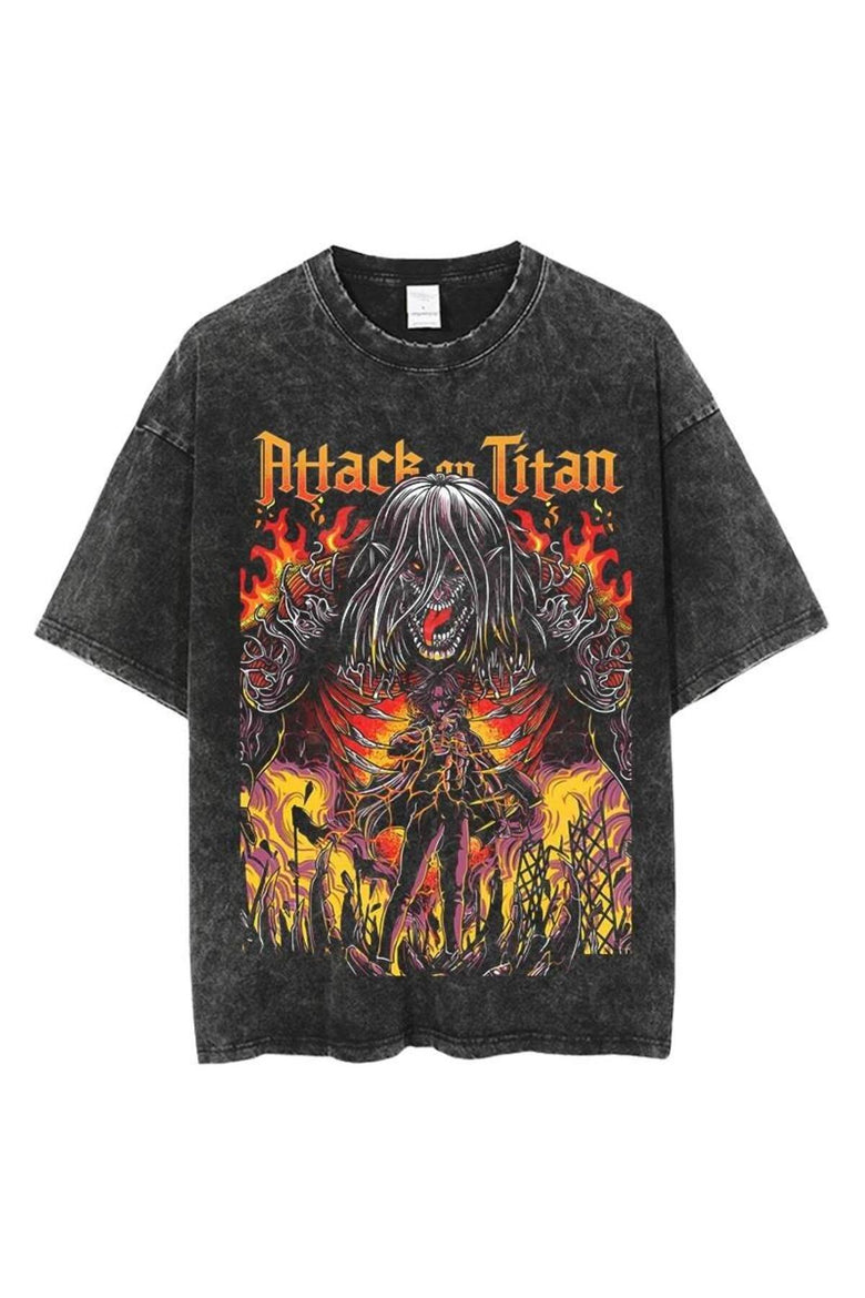 Yıkamalı Anime Attack on Titan Baskılı Unisex Oversize Vintage T-shirt