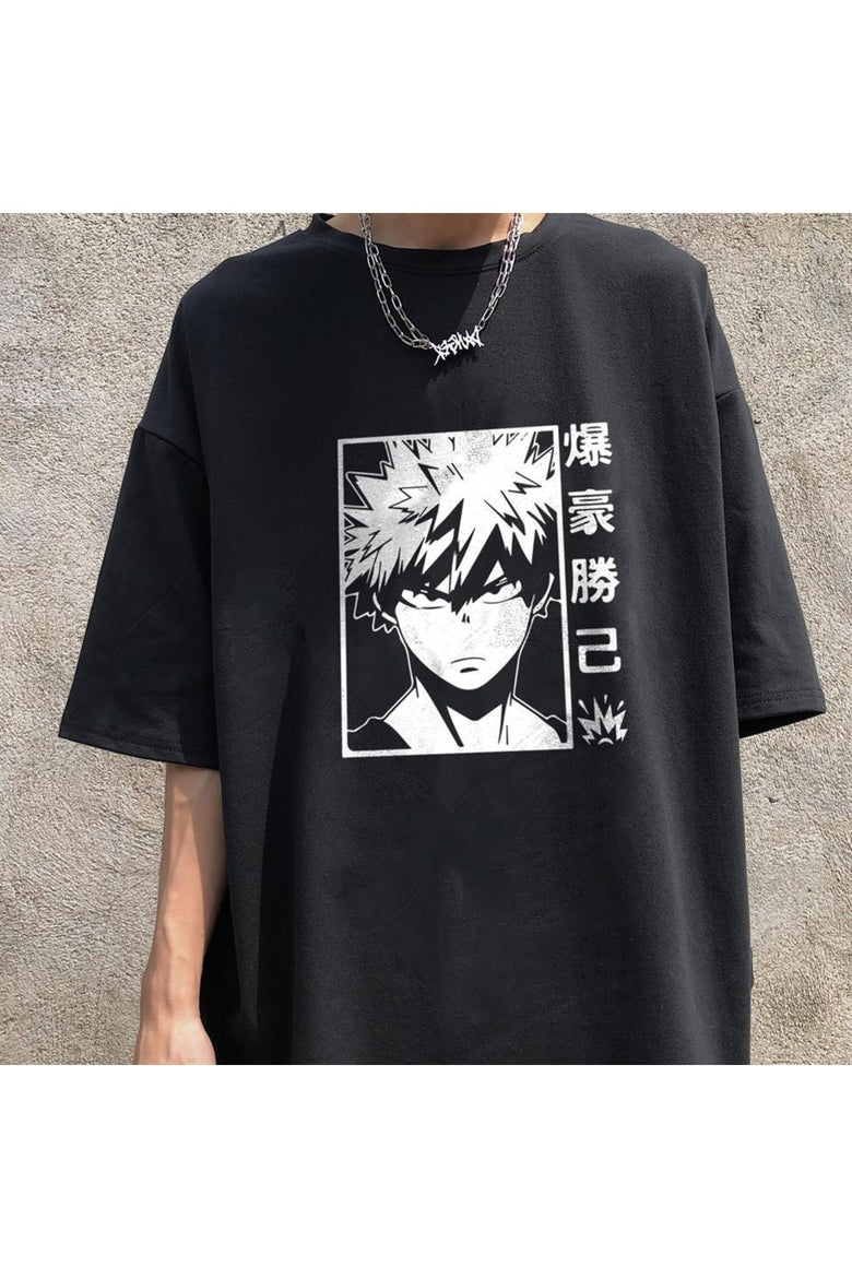 Anime Bakugou Baskılı Siyah Unisex Oversize T-shirt