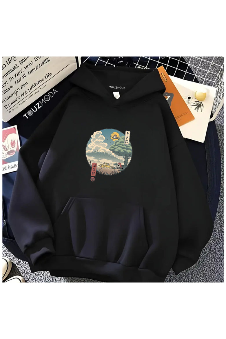 Anime Totoro Baskılı Unisex Oversize Kapüşonlu Sweatshirt Hoodie
