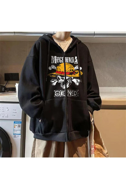 One Piece Mugiwara Baskılı Oversize Fermuarlı Siyah Unisex Kapüşonlu Hırka