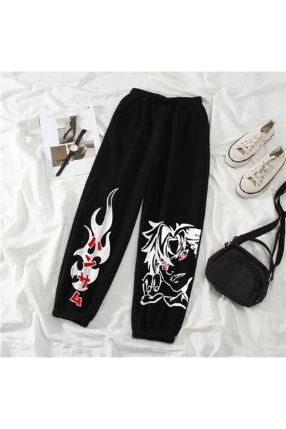 Harajuku Anime Boy Baskılı Oversize Unisex Siyah Eşofman Altı