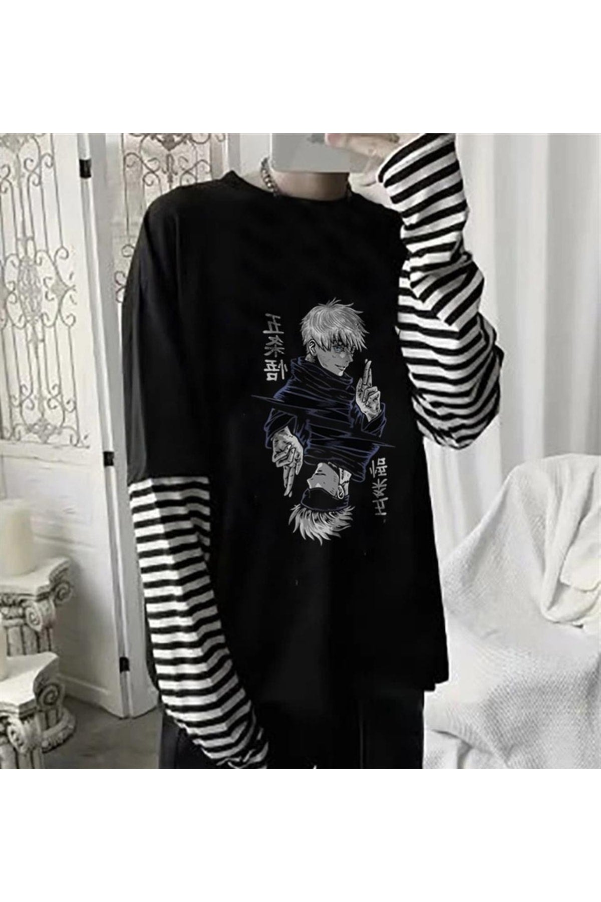 Jujutsu Kaisen Blade Baskılı Fake Sleeves Unisex Siyah T-shirt