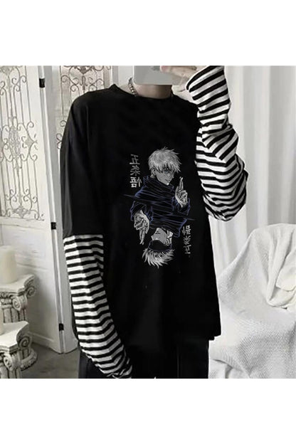 Jujutsu Kaisen Blade Baskılı Fake Sleeves Unisex Siyah T-shirt