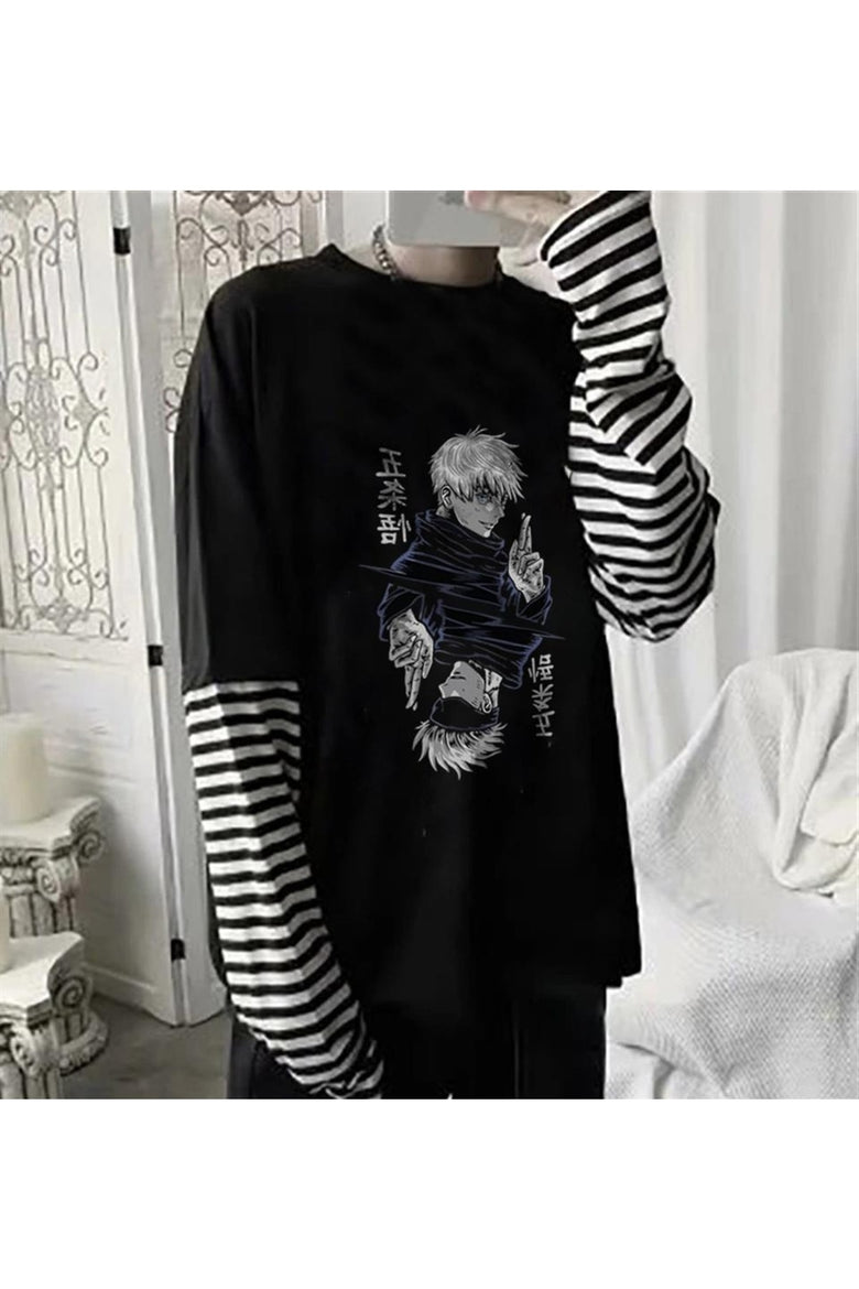 Jujutsu Kaisen Blade Baskılı Fake Sleeves Unisex Siyah T-shirt