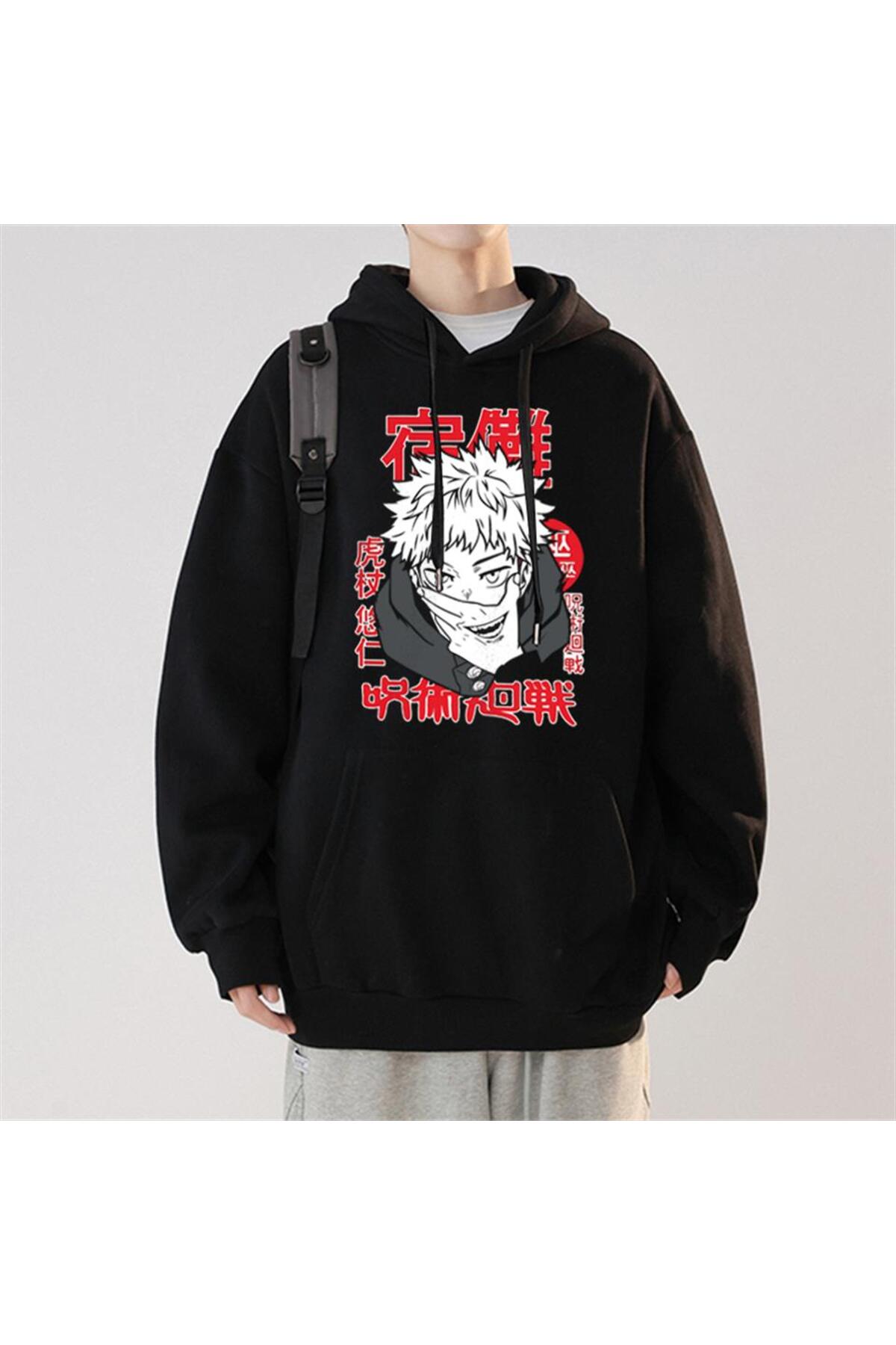 Jujutsu Kaisen Poster Baskılı Siyah Unisex Oversize Kapüşonlu Sweatshirt