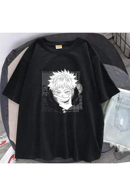 Dompuleri Moda Jujutsu Kaisens Baskılı Siyah Unisex Oversize T-shirt