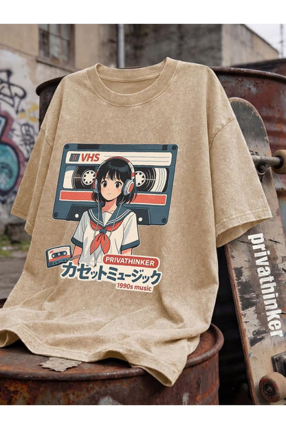 Retro Anime Girl VHS Unisex Yıkamalı Vintage Oversize T-shirt
