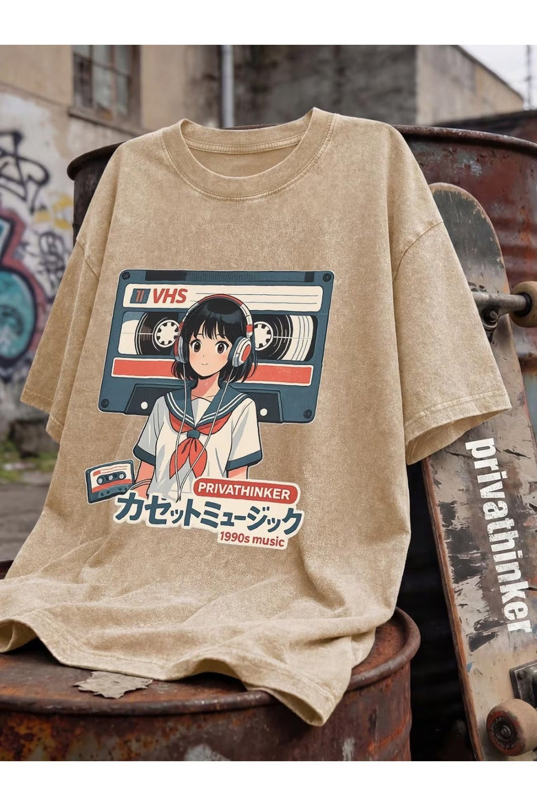 Retro Anime Girl VHS Unisex Yıkamalı Vintage Oversize T-shirt