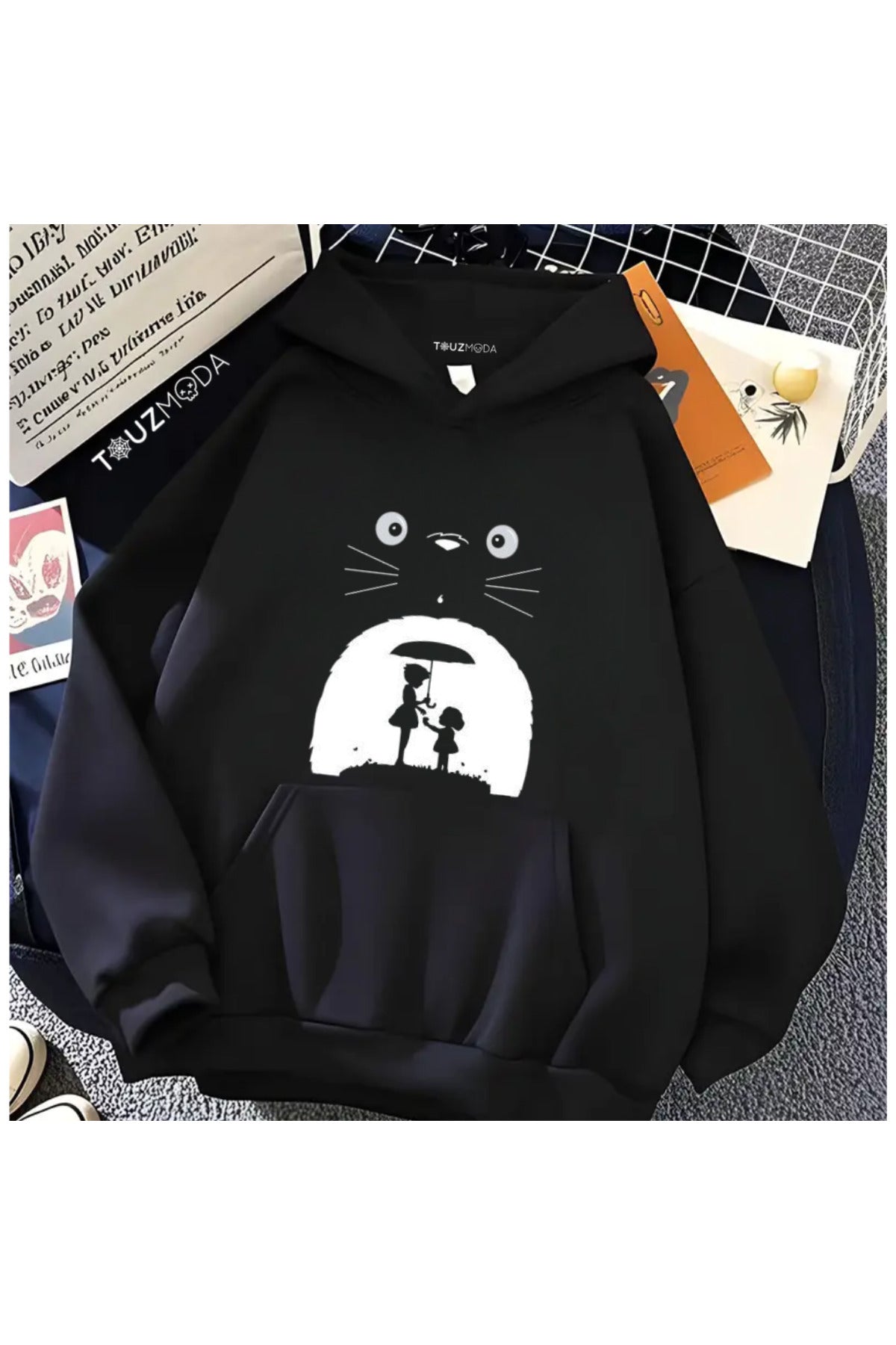 Anime Totoro Baskılı Unisex Oversize Kapüşonlu Sweatshirt Hoodie