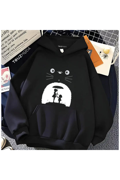 Anime Totoro Baskılı Unisex Oversize Kapüşonlu Sweatshirt Hoodie
