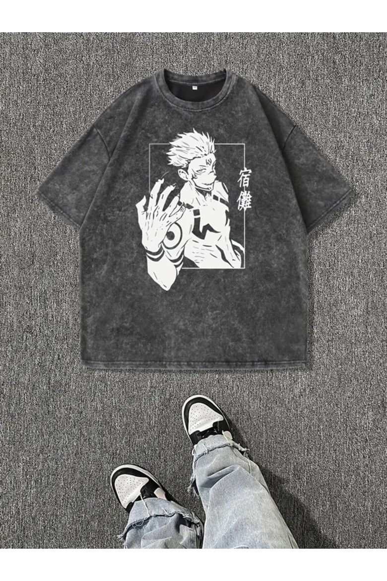 Anime Jujutsu Kaisen Baskılı Oversize Vintage Tshirt