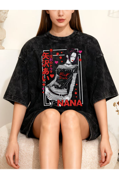 Anime Nana Baskılı Unisex Yıkamalı Vintage Oversize T-Shirt