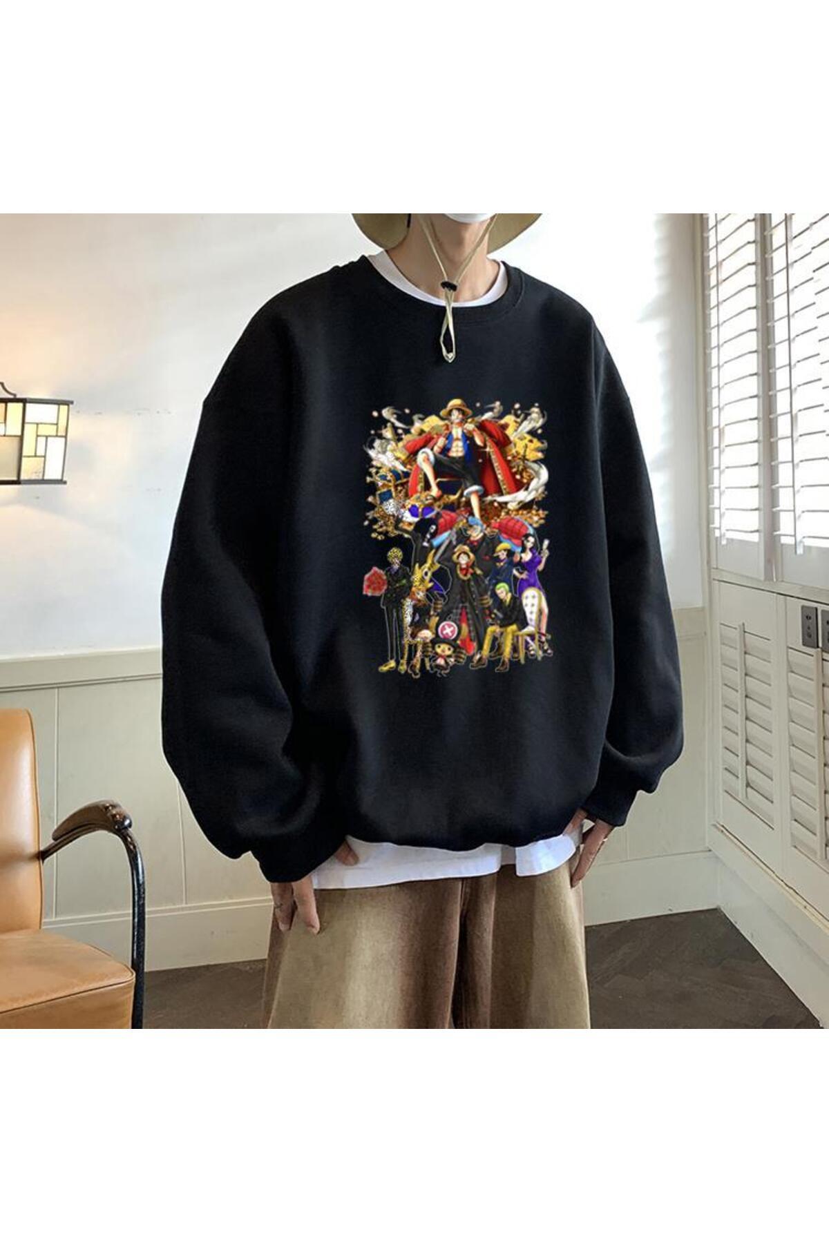 One Piece All Characters Baskılı Siyah Unisex Oversize Bisiklet Yaka Sweatshirt
