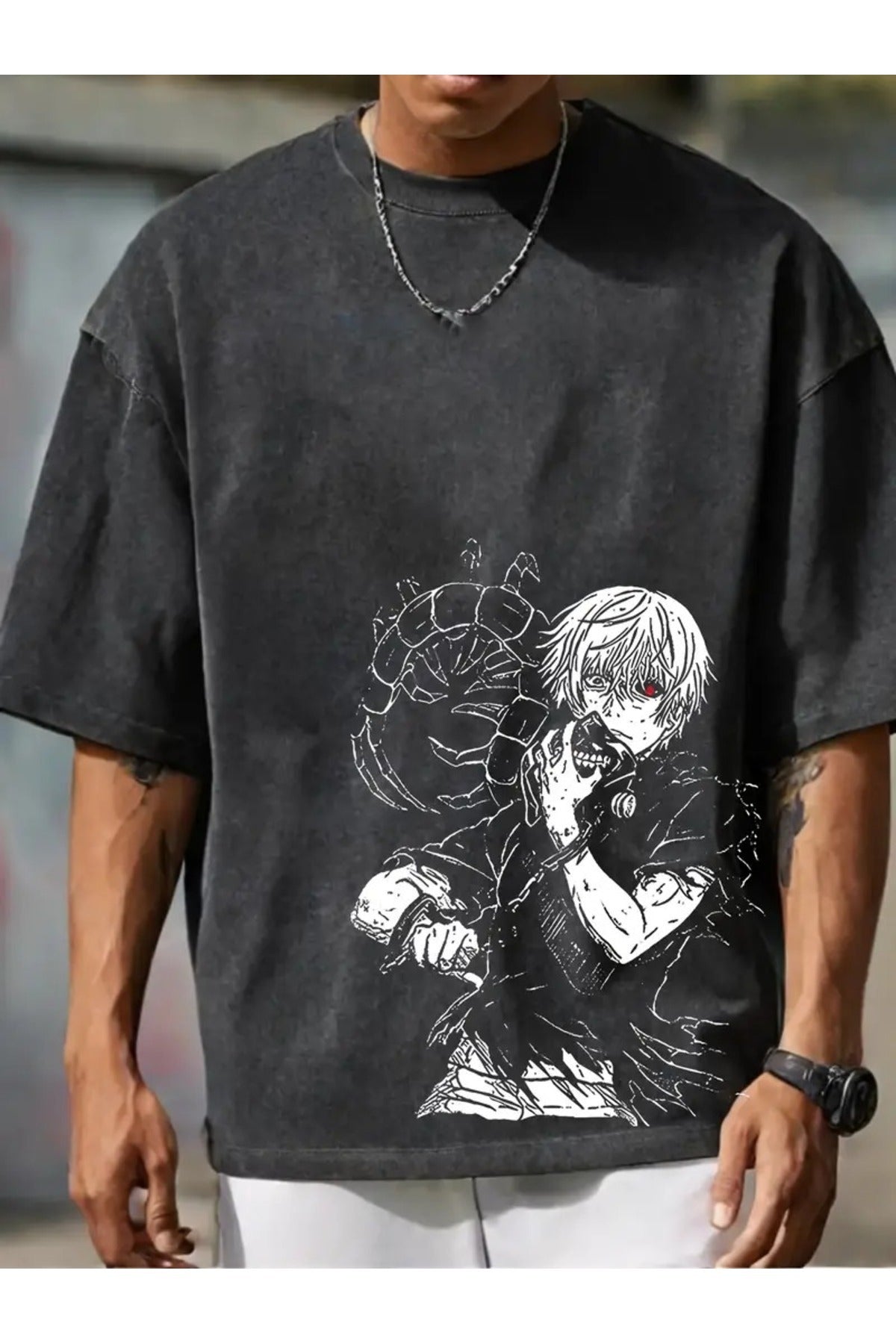 Tokyo Gholul Anime Baskılı Yıkamalı Vintage Unisex Oversize T-Shirt