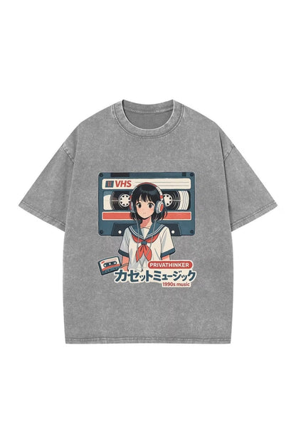 Retro Anime Girl VHS Unisex Yıkamalı Vintage Oversize T-shirt