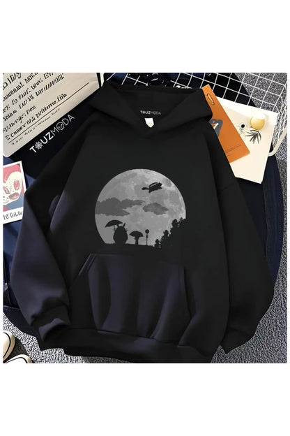 Anime Totoro Baskılı Unisex Oversize Kapüşonlu Sweatshirt Hoodie