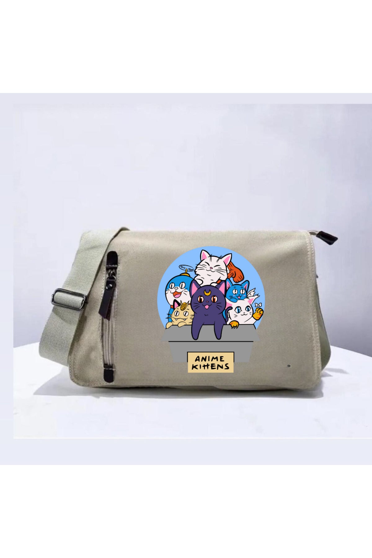 Anime Cats Baskılı Unisex Bej Postacı Çantası