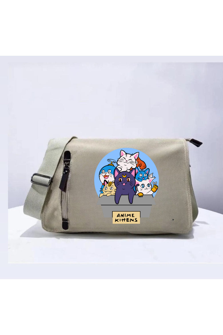 Anime Cats Baskılı Unisex Bej Postacı Çantası