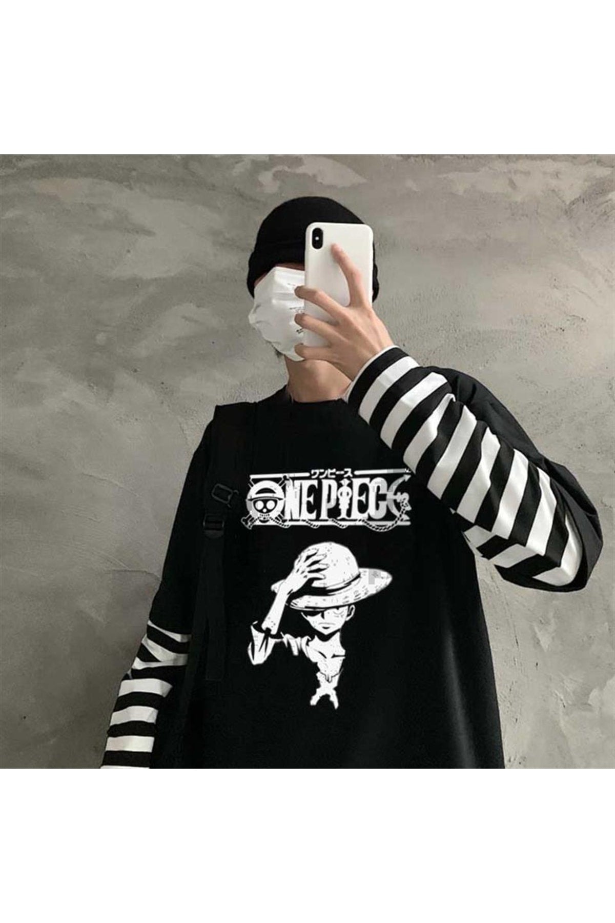 One Piece Baskılı Fake Sleeves Unisex Siyah T-shirt