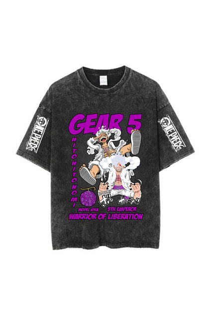 Yıkamalı Anime One Piece Gear Five Baskılı Unisex Oversize Vintage T-shirt