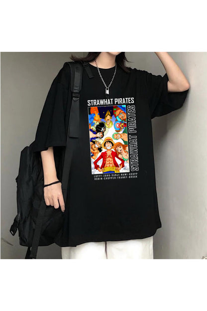 Harajuku Anime One Piece Strawhat Siyah Oversize T-Shirt