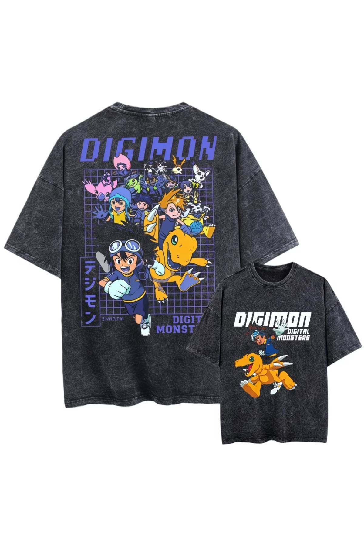 Anime Digimon Baskılı Unisex Yıkamalı Vintage Oversize T-Shirt