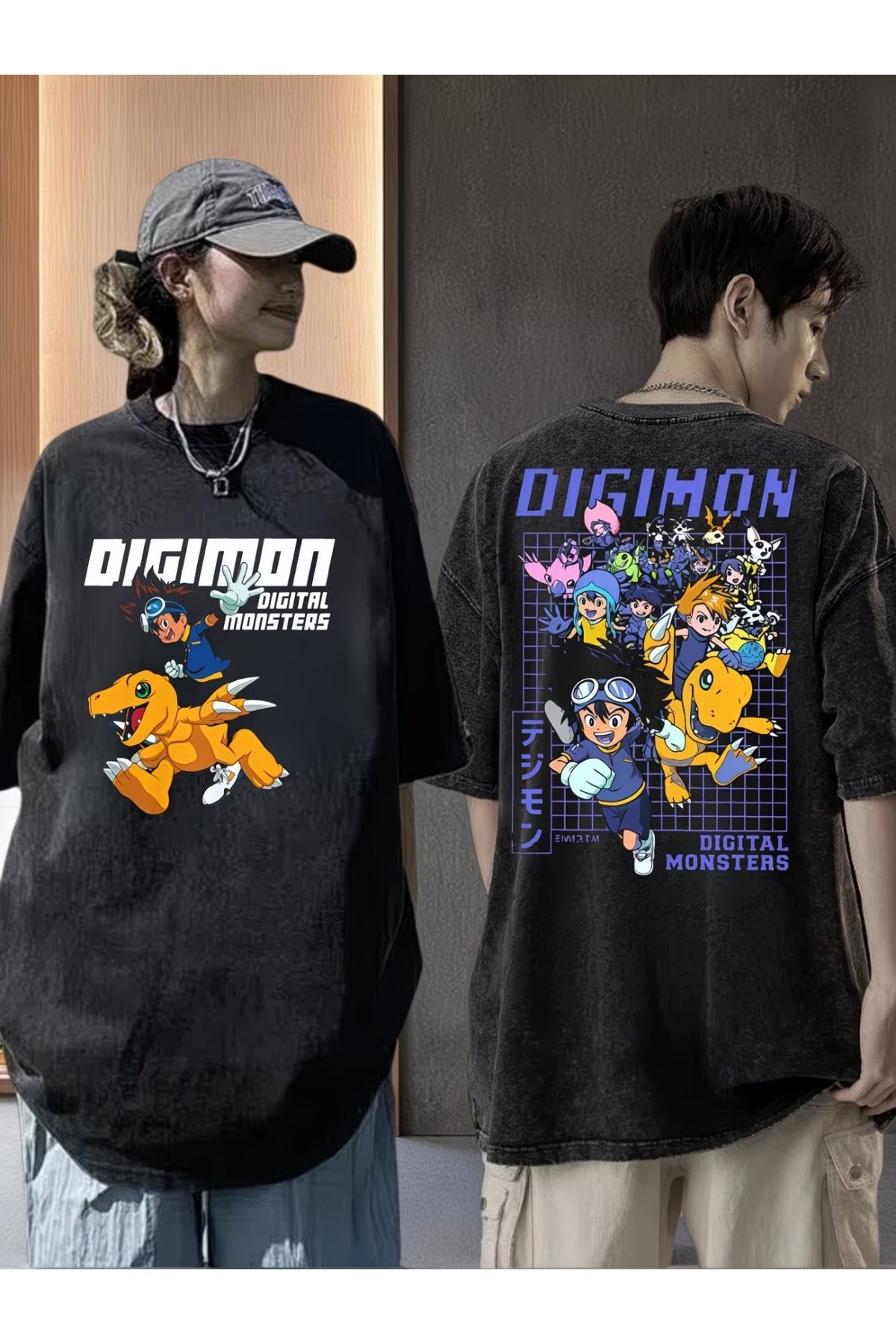 Anime Digimon Baskılı Unisex Yıkamalı Vintage Oversize T-Shirt