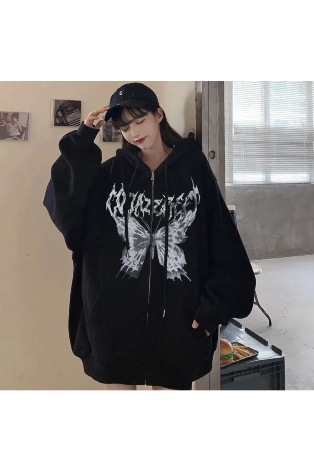 Anime Gothic Harajuku Butterfly Siyah (unisex) Fermuarlı Kapşonlu Sweatshirt