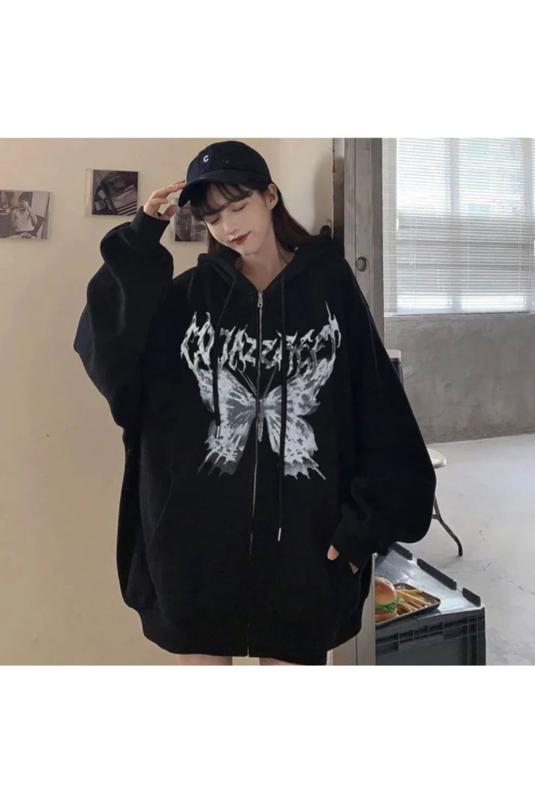 Anime Gothic Harajuku Butterfly Siyah (unisex) Fermuarlı Kapşonlu Sweatshirt