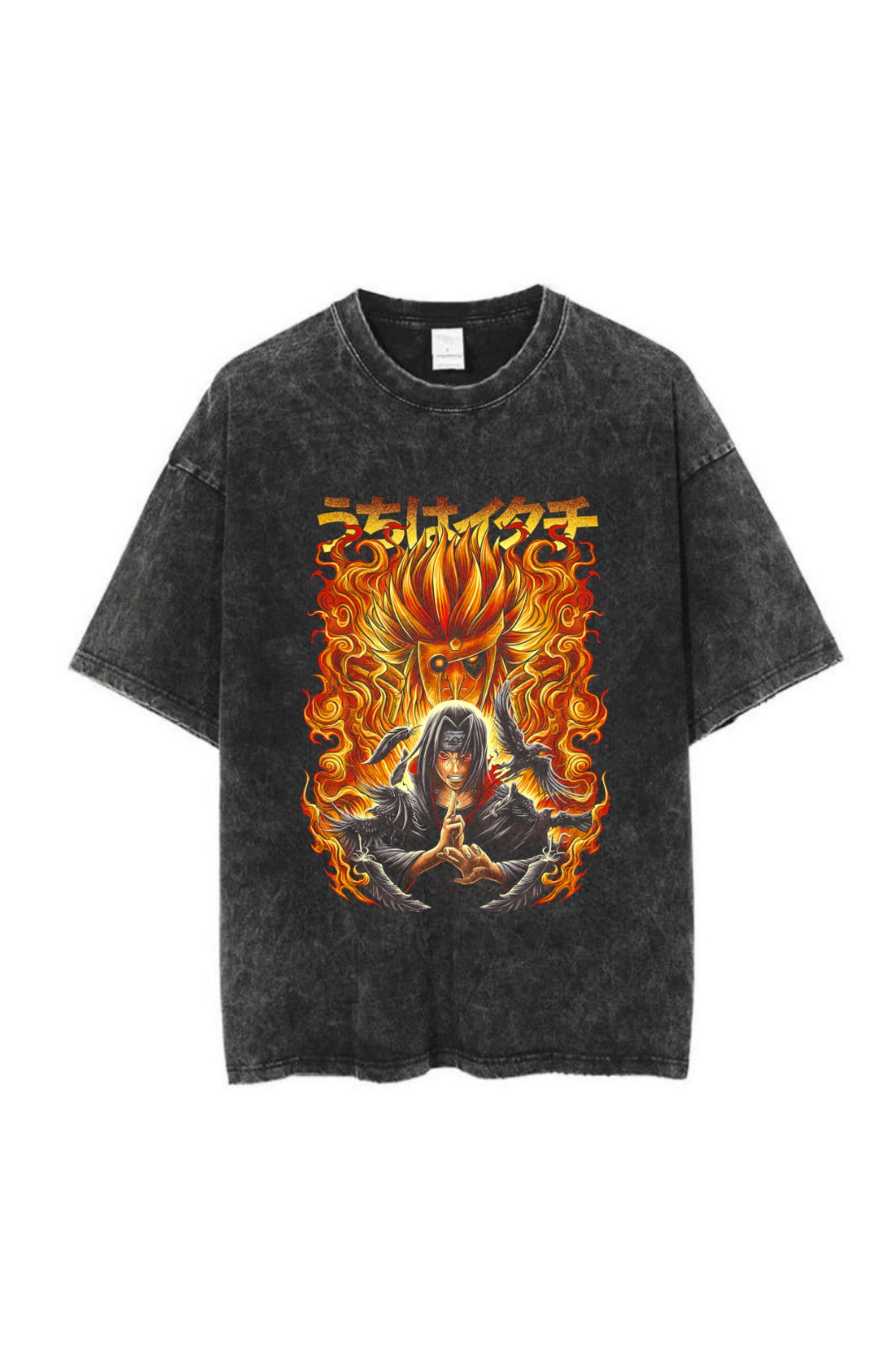 Yıkamalı Anime Naruto Itachi Baskılı Unisex Oversize Vintage T-shirt
