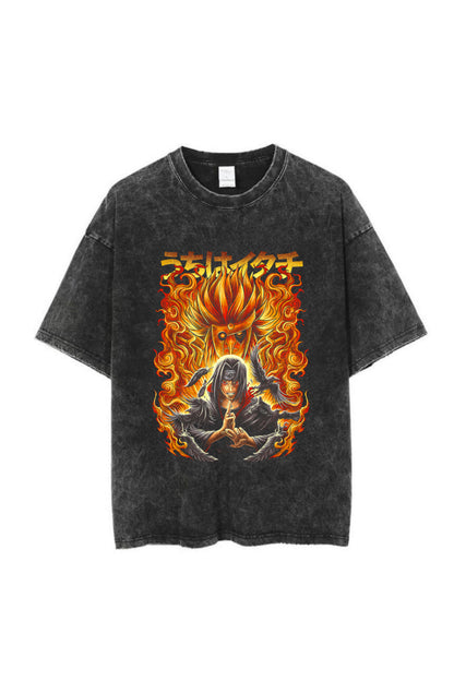 Yıkamalı Anime Naruto Itachi Baskılı Unisex Oversize Vintage T-shirt