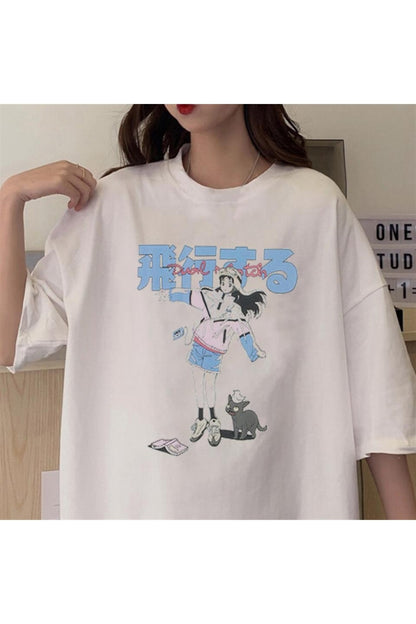 Anime Girl & Cat Beyaz Unisex Oversize T-shirt