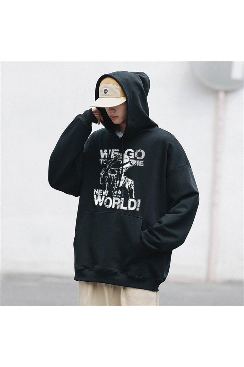 One Piece We Go Baskılı Siyah Unisex Oversize Kapüşonlu Sweatshirt
