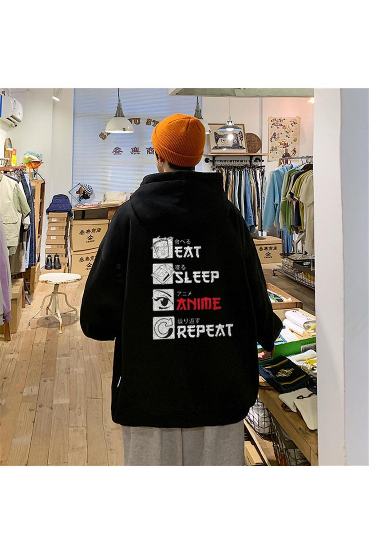 LAGOM MODA Eat Sleep Anime Repeat Sırt Baskılı Siyah Unisex Oversize Kapüşonlu Sweatshirt
