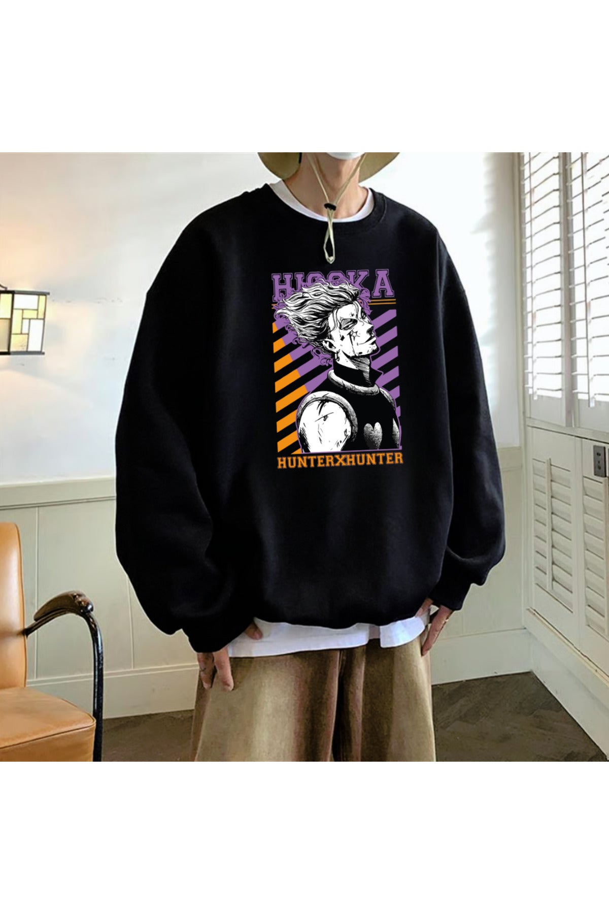 Anime Hunter X Hunter Hisoka Baskılı Siyah Unisex Oversize Bisiklet Yaka Sweatshirt