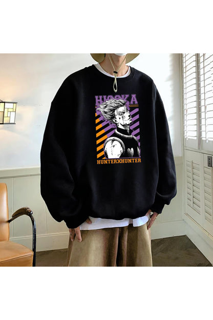 Anime Hunter X Hunter Hisoka Baskılı Siyah Unisex Oversize Bisiklet Yaka Sweatshirt