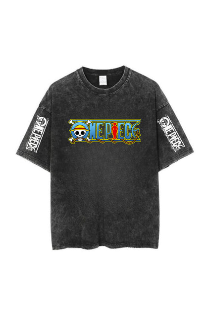 Yıkamalı Anime One Luffy Baskılı Unisex Oversize Vintage T-shirt