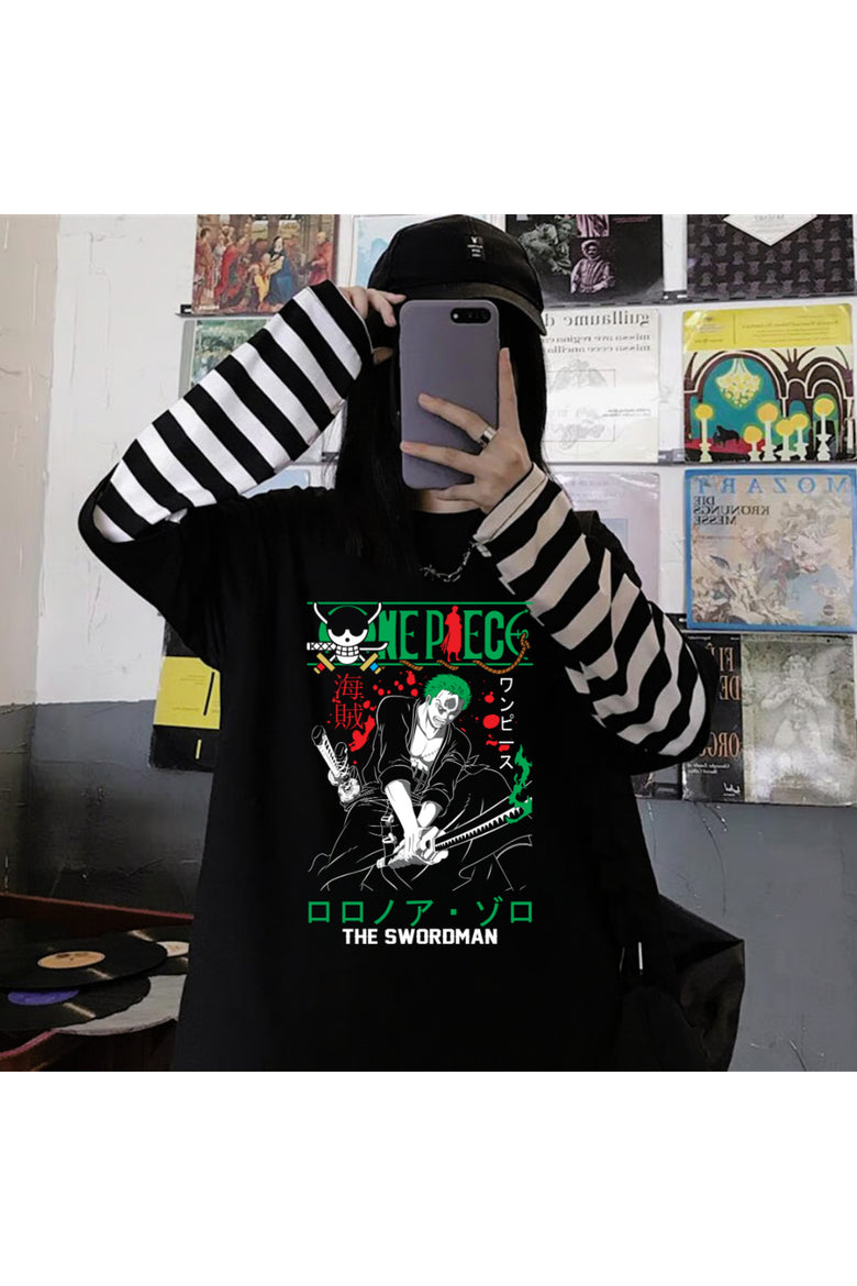 Harajuku Anime One Piece Fake Sleeves Unisex Fake Kollu Siyah T-Shirt
