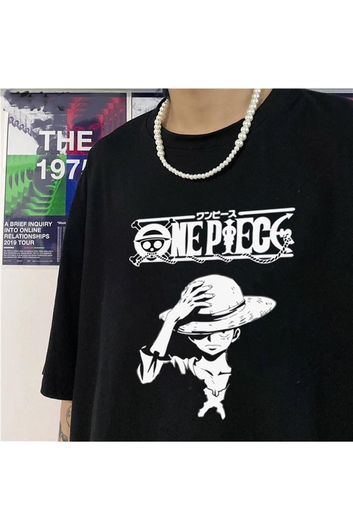 One Piece Baskılı Siyah Unisex Oversize T-shirt